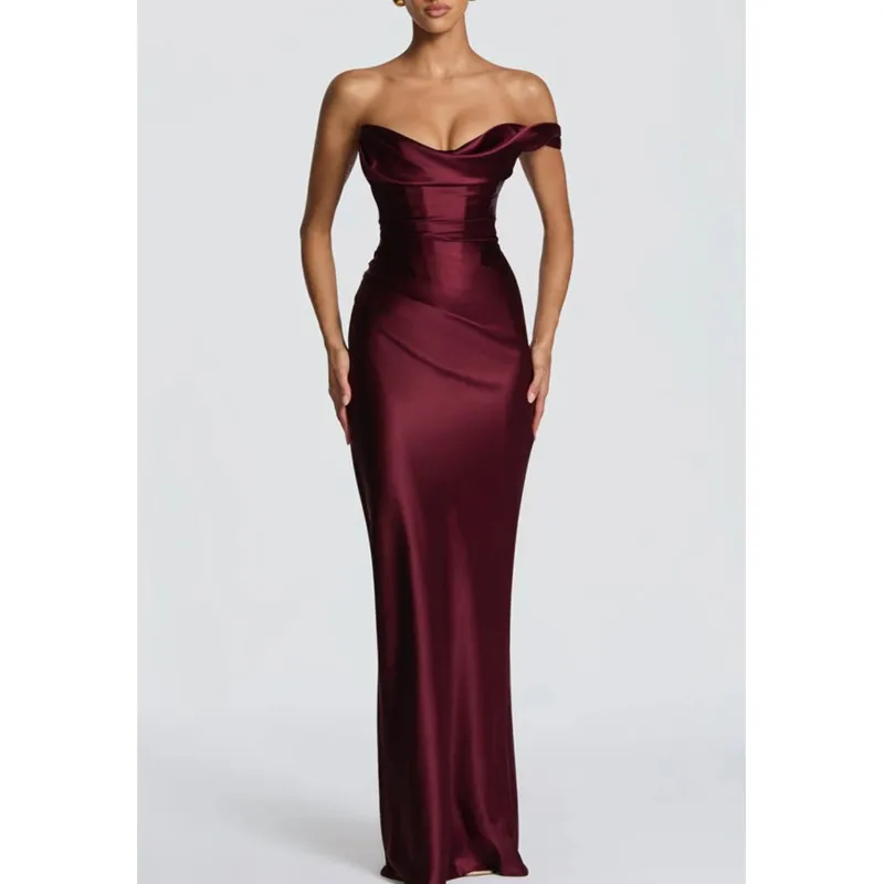 

Sexy Slim Satin Dress Elegant Chic Pleated One Shoulder Backless High Waist Split Solid Dresses Bodycon Club Evening Party Gown