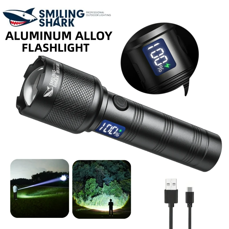 Smiling Shark SD-8110 Flashlight, Super Bright M60 LED Waterproof Torch, Rechargeable Torchlight, with Power Display for Outdoor