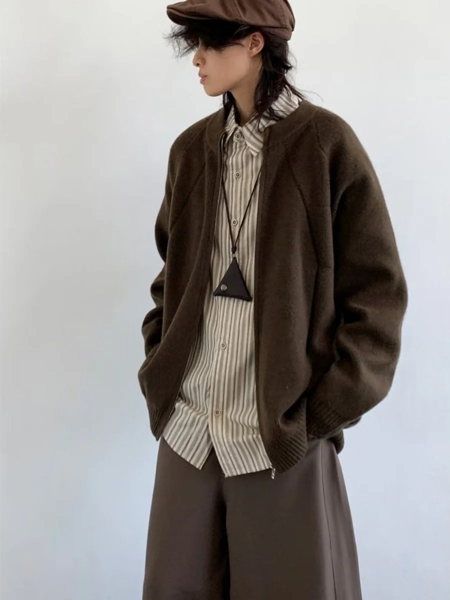 

Мужской вязаный свитер Lazy Sle, осенний модный брендовый воротник-стойка на молнии, свободный повседневный трикотаж, универсальный деловой свитер High Street...