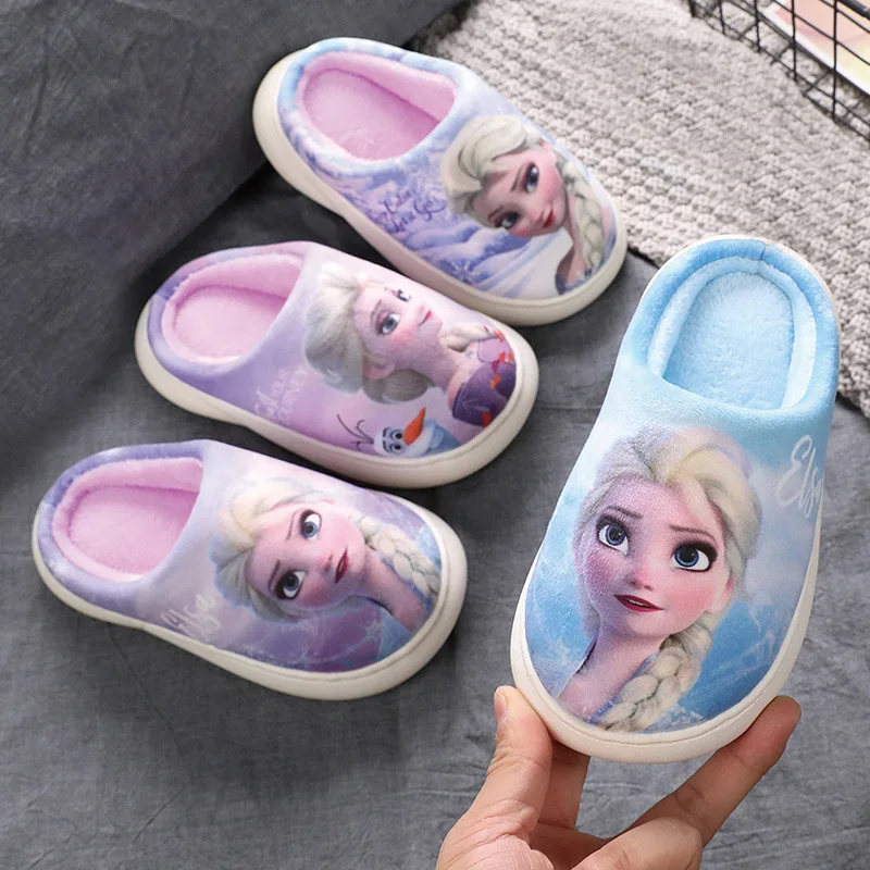 Disney Winter Cute Cartoon Non-slip Children\'s Plush Slippers Soft Sole Flip Flops Kids Girls Indoor Mule Warm Home Cotton Shoes