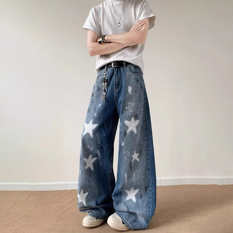 

Autumn Star Graphic Printed Baggy Jeans For Men High Street Fashion Straight-Leg Denim Trousers Y2K Vintage Washed Flared Jean
