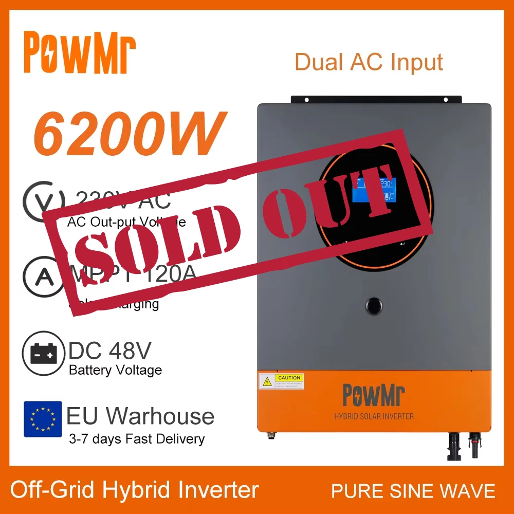 

EU Stock 6.2KW Hybrid Solar Inverter 48V to 230VAC MPPT Solar Charger Controller 120A Max Solar Panel 500V Dual AC Input No Tax