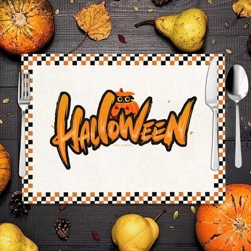 VIKAMA Checkered Border Halloween Letter Placemat Linen Pumpkin Print Heat Resistant Family Dinner Table Pad