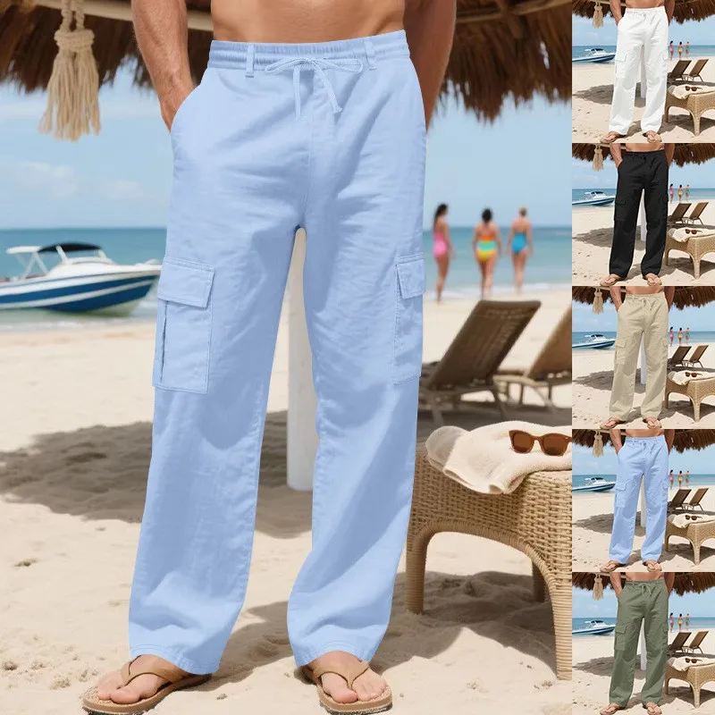 

Beach Style Linen Pants Light Blue Drawstring Waist Mid Rise Trousers Cargo Multiple Pockets Casual Pants Black Long Straight