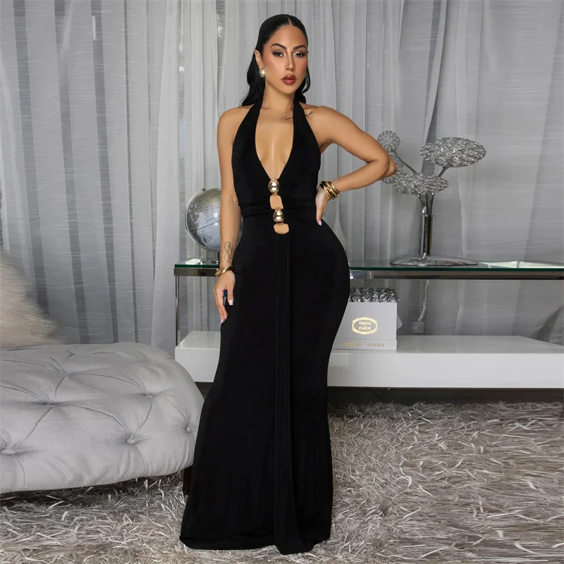 Sin espalda sin mangas Halter ceñido al cuerpo mujeres delgadas Sexy vestido largo de fiesta recortado negro blanco Maxi vestido de noche para discoteca con cinta larga