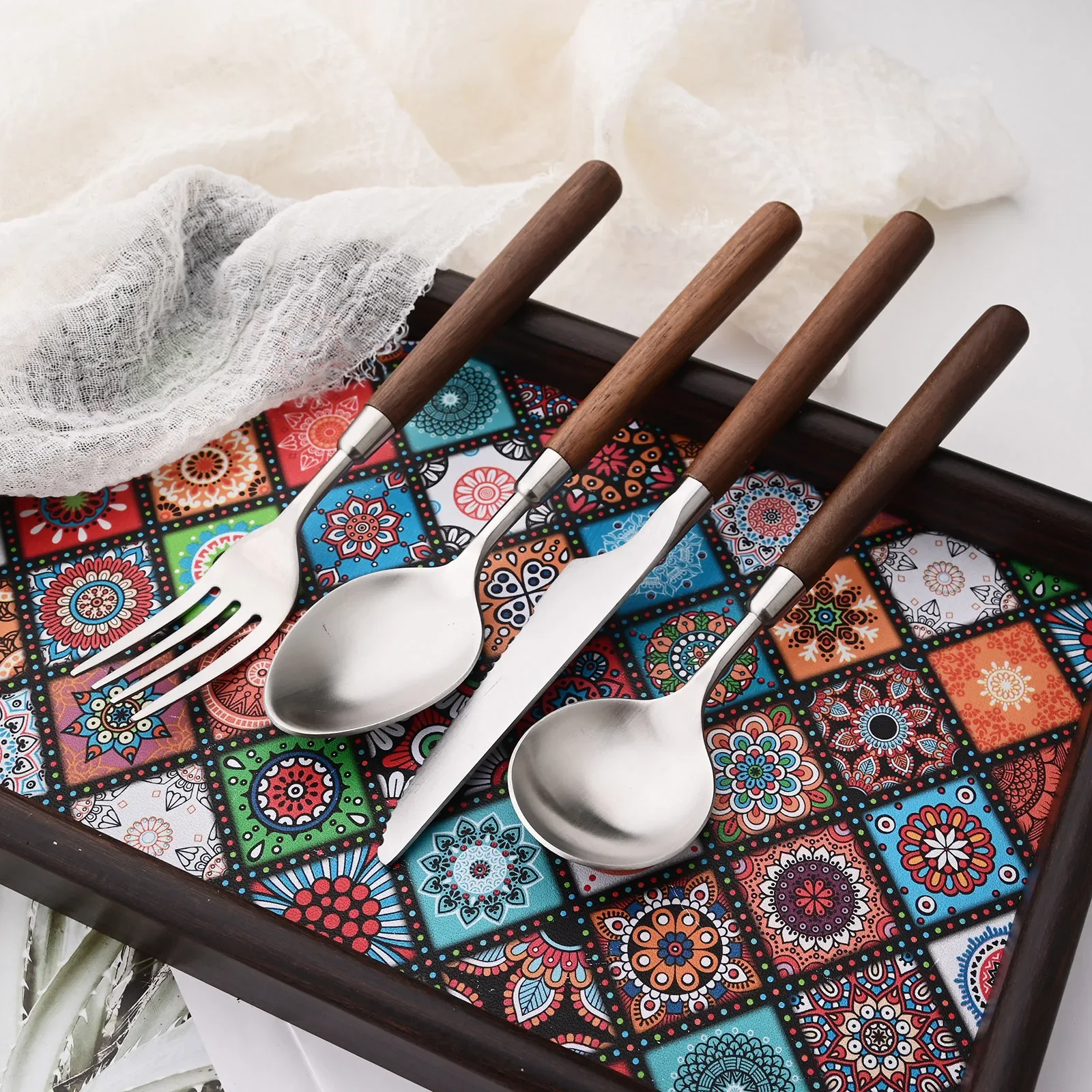 1/2/3/4Pcs Wood Hanlde Dinnerware Set 304 Stainless Steel Cutlery Set Walnut Hanlde Knife Fork Spoon Tableware Kitchen Flatware
