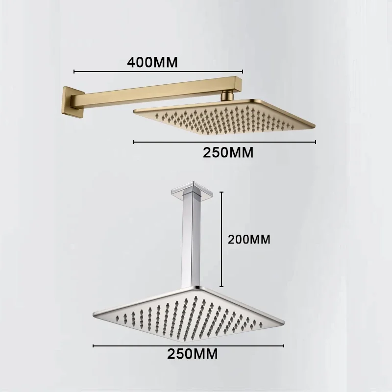 Brushed Gold Stainless Steel Square Rain Shower Head Ultrathin 10 Inch Choice Bathroom Wall Mounted Shower Arm Top Spraying
