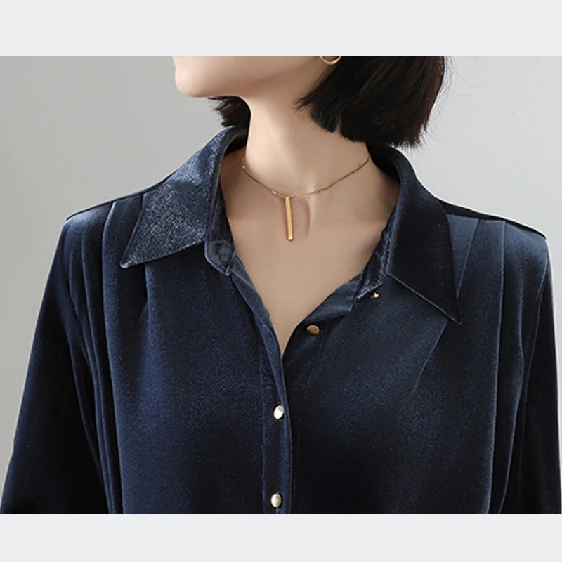 Camicie in velluto alla moda Donna Autunno Inverno Top basic Vintage stile coreano Office Lady Manica lunga Bottone con risvolto Elegante camicetta dolce