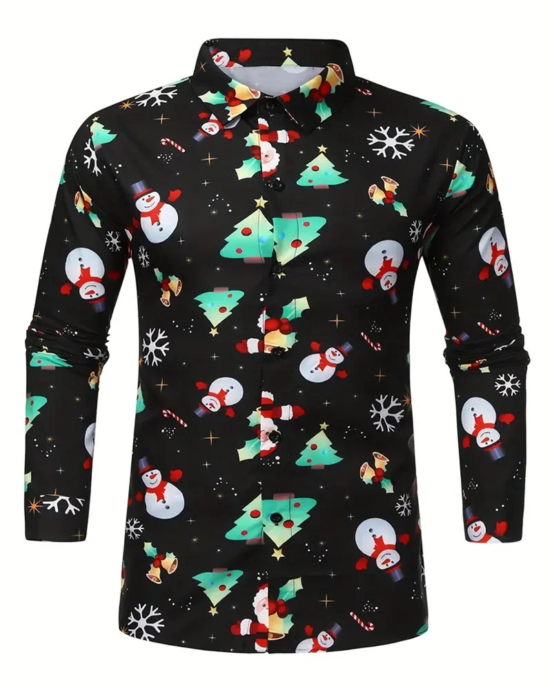 New Year Gift 2024 Men's Long Sleeve Shirt Christmas Christmas Theme 3D Printed Shirt Large Size Men's Casual Party Shirt S-5XL