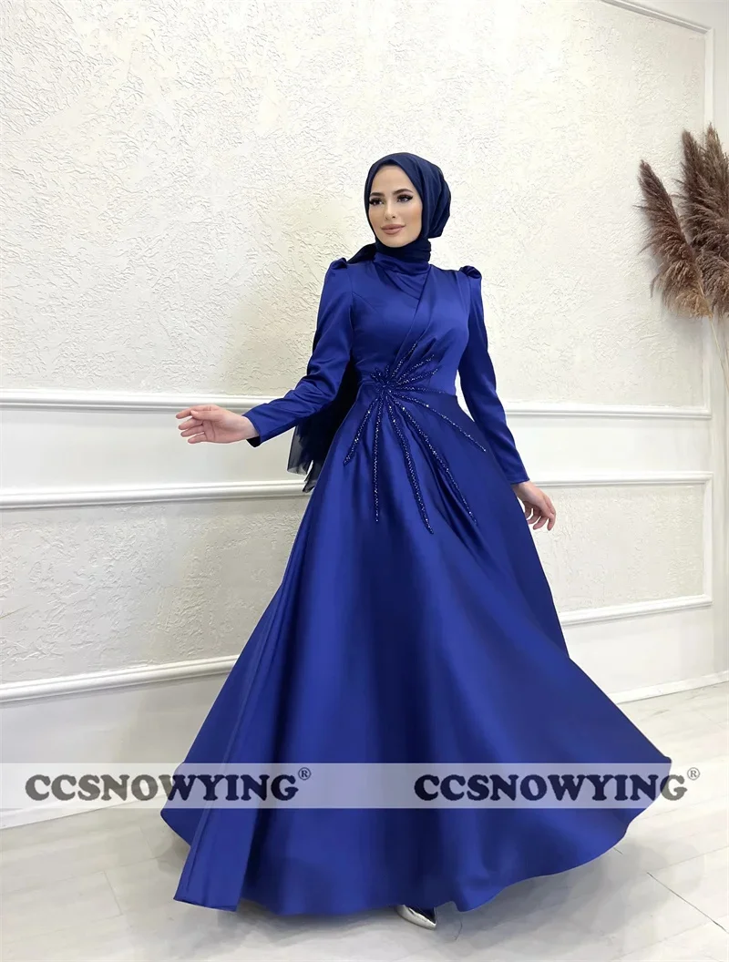 

Full Sleeve Hijab Muslim Evening Dresses Satin Appliques Islamic Formal Party Gown Women High Neck Arabic Dubai Robe De Soiree