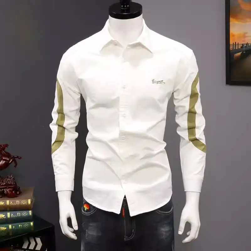 Korean Men Spring and Autumn New Spliced square Collar Button Fashion Solid Color Slim Minimalist Casual Long-sleeved Shirts