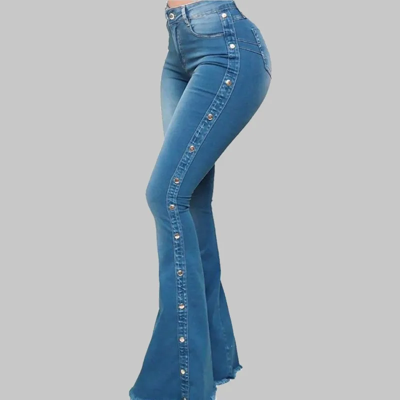 

Women High Waist Stretch Studded Flared Jeans Washed Bell Bottom Fitted Boyfriend Denim Pants