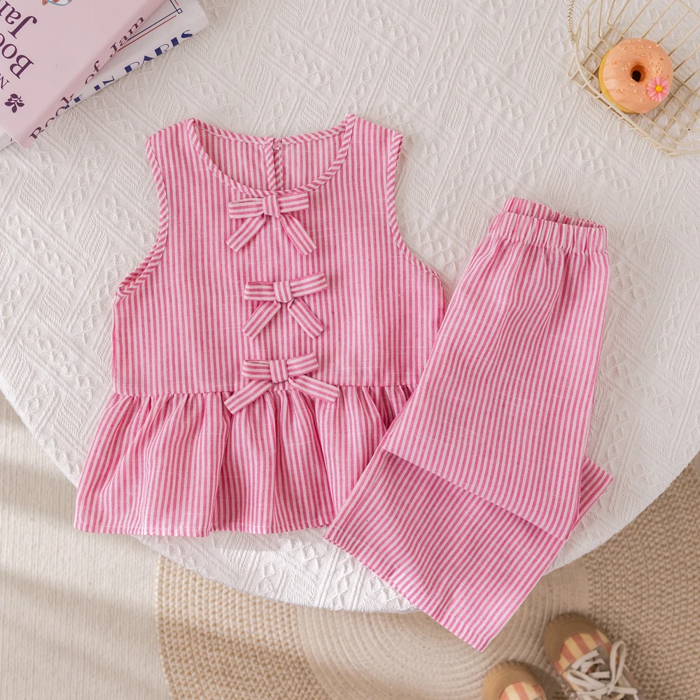 

Summer Girls' Suits Pink vertical stripe Bow Sleeveless Vest Top+Pants Two-piece Set Sweet Kids' Clothing Sets For 3-7Y Girls