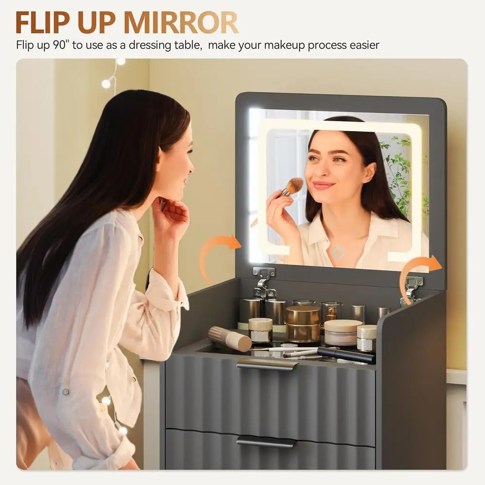 3-in-1 Grey Vanity Desk with Mirror, Lights, and Storage Stool for Bedroom Makeup Area view 5