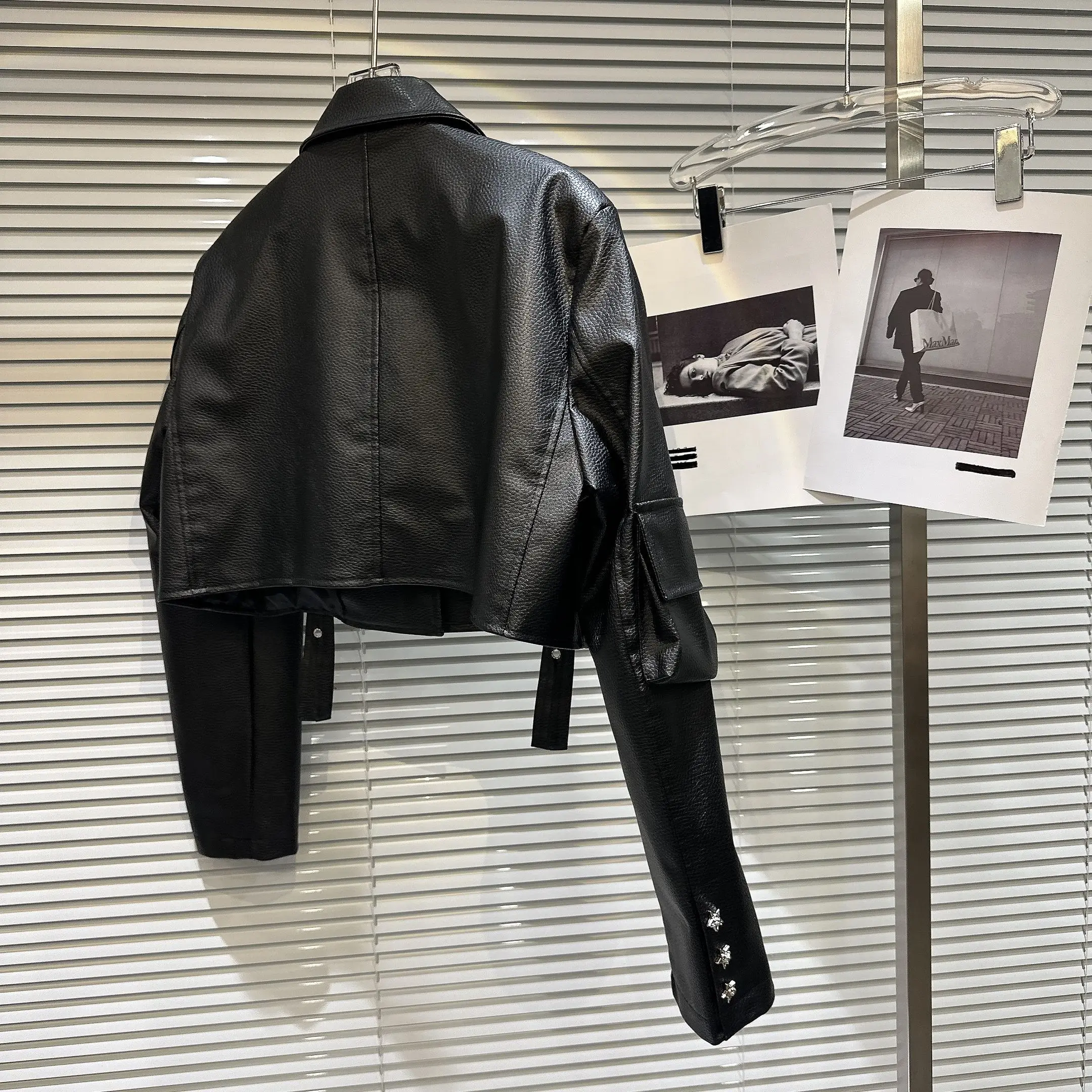 Street Sle Leather Jaet Casaco feminino de couro k Waed ket Textura Unique Sle Fall Novidades Long Sve Straig...