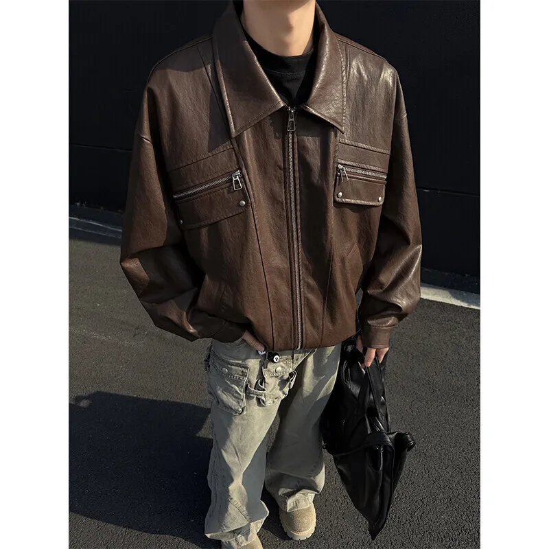 Black Leather Jacket Men Retro Pocket Motorcycle Jacket Men Streetwear Hip-hop Loose Bomber Jacket Mens Brown Cargo Jackets