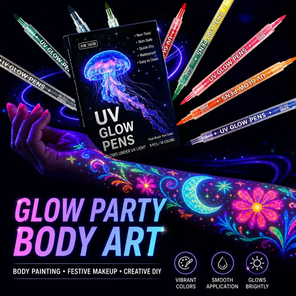 

UV Glow Pens 6/9 PCS Dual Tip Fluorescent Markers Blacklight Reactive Neon Paint Pens for DIY Art Party Graffiti Decor crafts