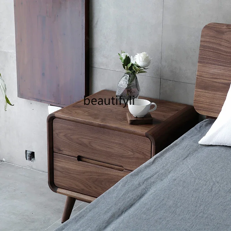 

Black walnut bedside table solid wood Japanese cherry wood light luxury bedroom Nordic style small cabinet