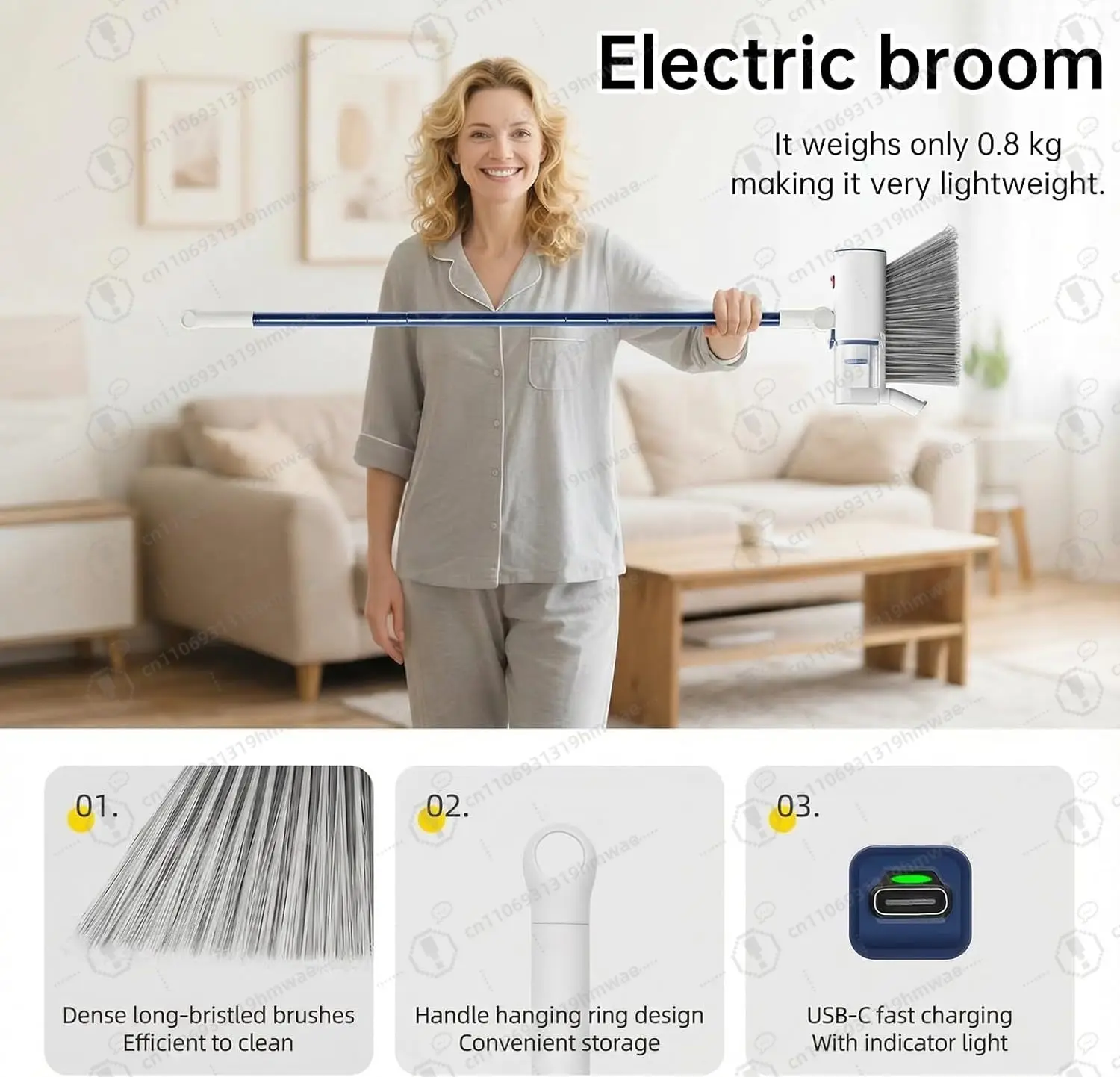 2-in-1 Vacuum Broom Sweeper Cordless 5 5KPa Strong Suction Lightweight 0 8kg for Hard Floor Carpet Bedroom Living Room Office