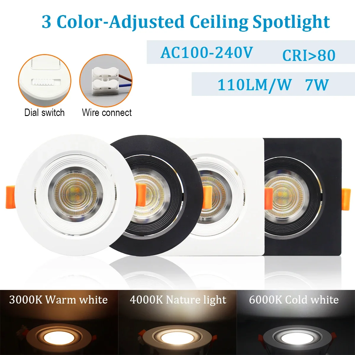 

2pcs CCT Dimmable High lumen embedded LED ceiling spotlights Adjustable Downlight 7W 770lm for home decoration