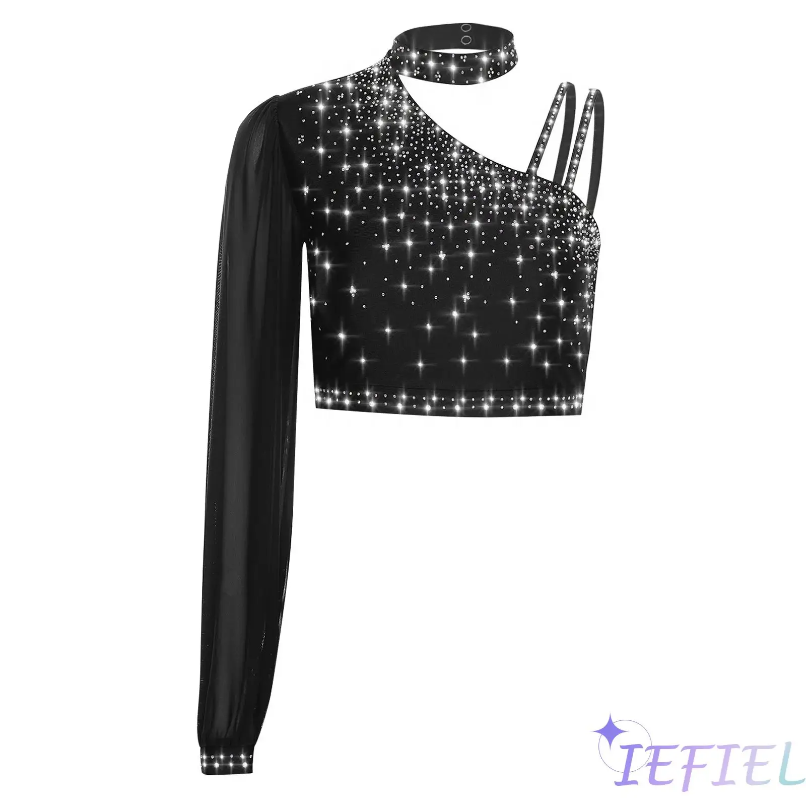 

Women Jazz Dance Crop Top Contemporary Lyrical Dance Costume Asymmetrical Sheer Mesh Long Sleeve Shiny Rhinestone Crop Top