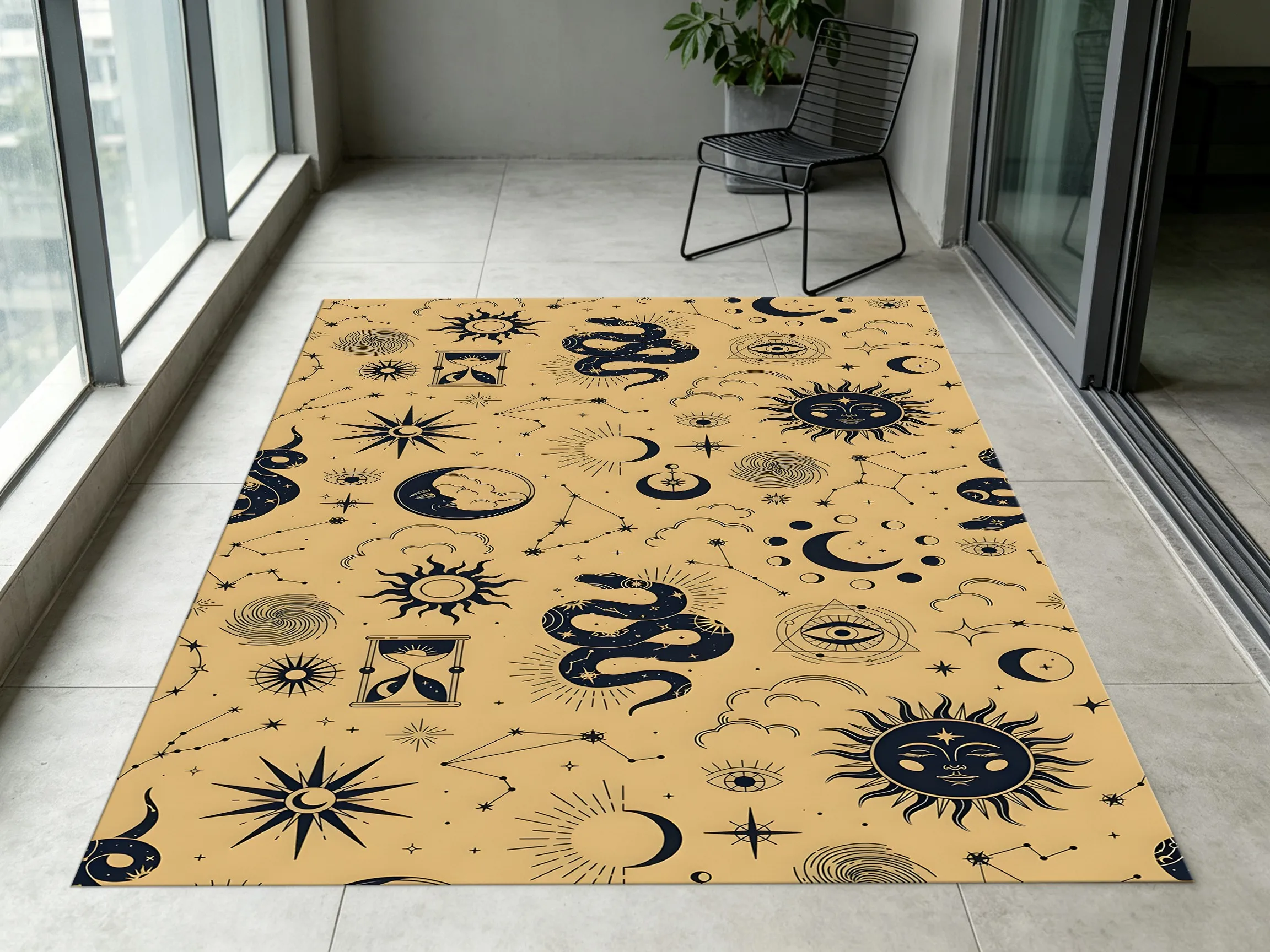 A Vintage-Style Velvet Rug with a Sun, Moon, Stars, and Snake Motif, Perfect for Creating a Unique Retro Atmosphere in the Living Room, Bedroom, or Entryway