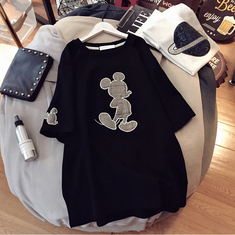 Disney Women clothing couple fashion Mickey mouse cartoon letter printing O-neck short-sleeved cute mouse women\'s loose T-shirt