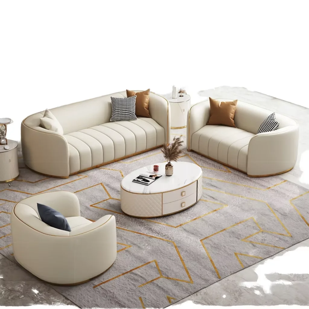 Italian Style Light Luxury Leather Sectional Sofa Combination Golden Stainless Steel Leg Hotel Lobby Living Room Couch
