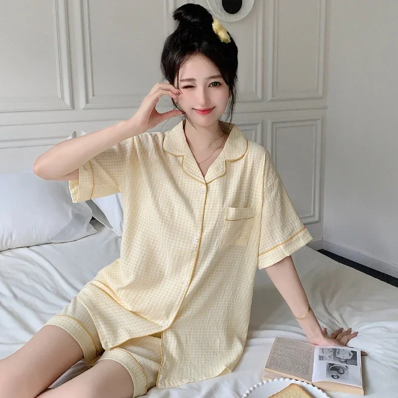 

Summer thin Cotton Fashion Sleepwear Women short sleeve top and shorts 2 Piece Set Pajamas female soft plaid Cardigan Pyamas Set