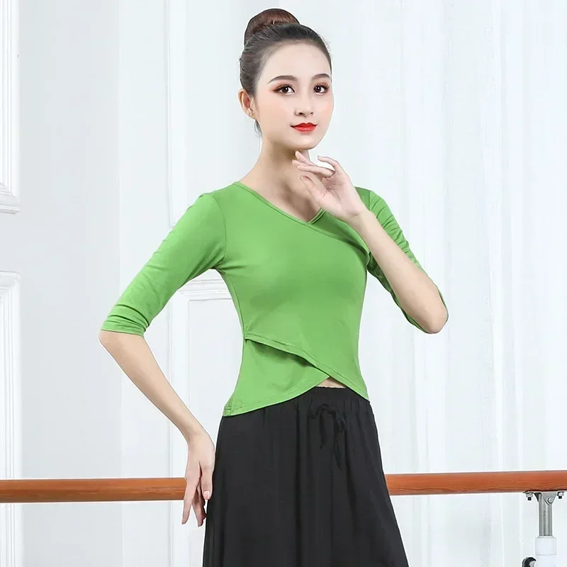 

New Latin Dance Tops Women Costume V Collar Short Sleeves Latin Practice Wear For Adult Female Latin Dance Short/long Tops Women