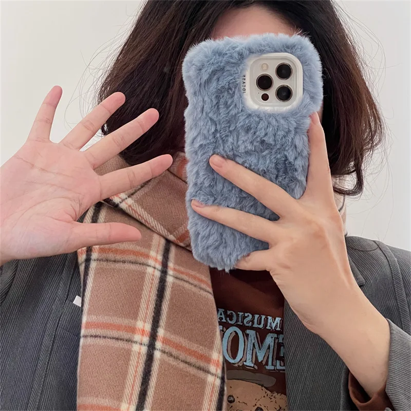 Cute Macaron Candy Color Winter Warm Plush Phone Back Furry Fluffy Cover For iPhone 16 15 14 13 12 11 Pro Max