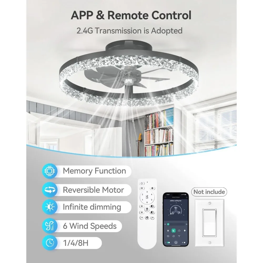 Ceiling Fans with Lights and Remote, 20'' Low Profile Ceiling Fans, 3000-6000K Dimmable Modern Flush Mount LED Fan Light