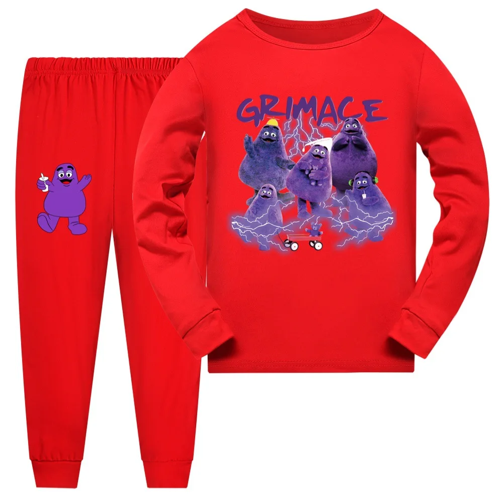 Grimace Shake Spring Autumn Cartoon Print Boys&Girls Long Sleeve Pants Sportswear 2-16 Years Old Pajama Set