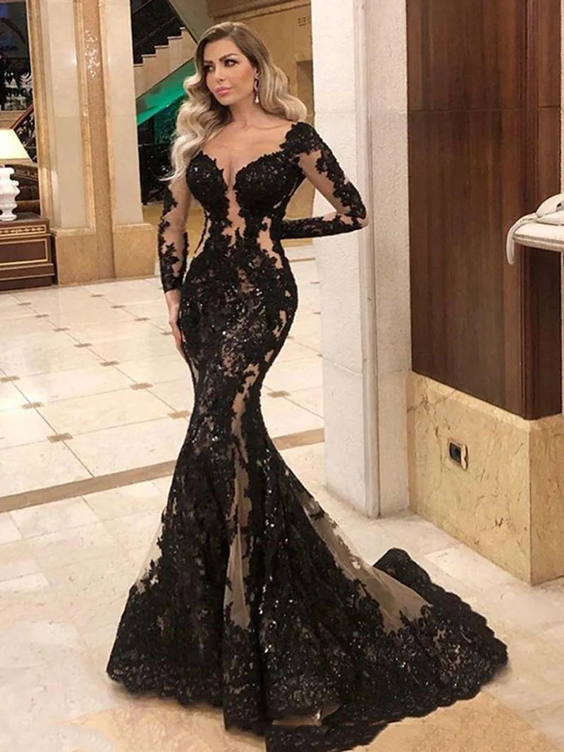 Sexy Schwarz Meerjungfrau Abendkleider Mit Langen Ärmeln Spitze Pailletten Illusion Spitze Appliques Sheer Fishtail Anlässe Abendkleid