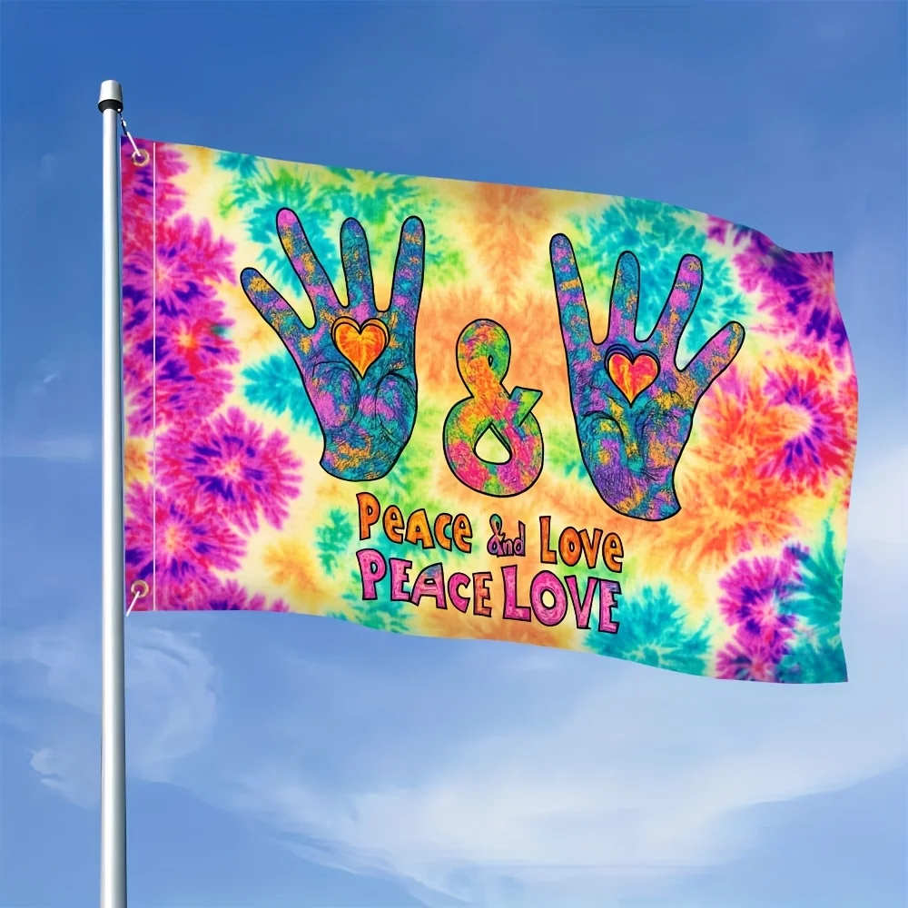 Peace and Love Tie Dye Hippie Flag Polyester Banner for Outdoor Decoration