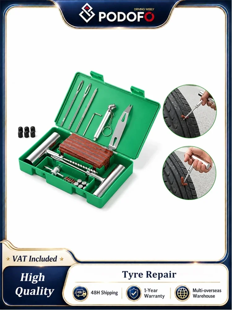 Podofo 59-teiliges Reifenreparaturset, Hochleistungs-Reifenreparaturset mit Reifendruckmesser, Nagelzieher, Sechskantschlüssel, T-Griff, Spiralsondenwerkzeug für Auto, Motorrad, ATV, Jeep, LKW