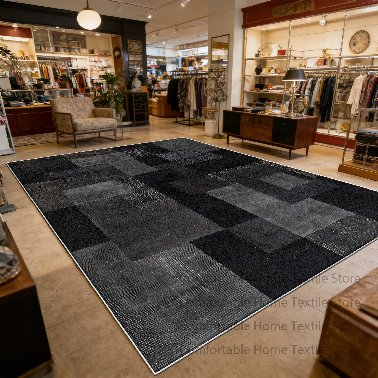 Black Gray Retro Geometric Pattern Courtyard Carpet Shop Decoration Antiskid Fluffy Rug Easy Clean Short Velvet Large Floor Mats