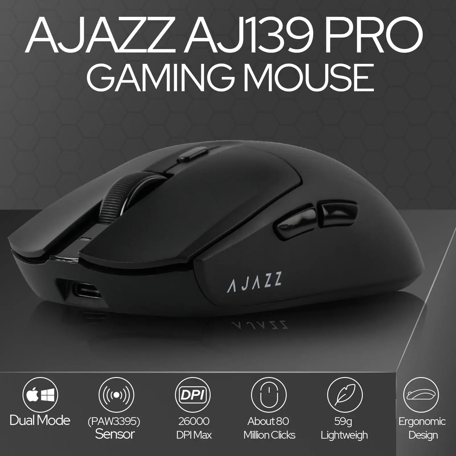 

Игровая мышь AJAZZ AJ139Pro, беспроводная мышь 2,4G, 59 г, сверхлегкая, до 26000 точек на дюйм, датчик PAW3395, аккумулятор 300 мАч для ПК/ноутбука