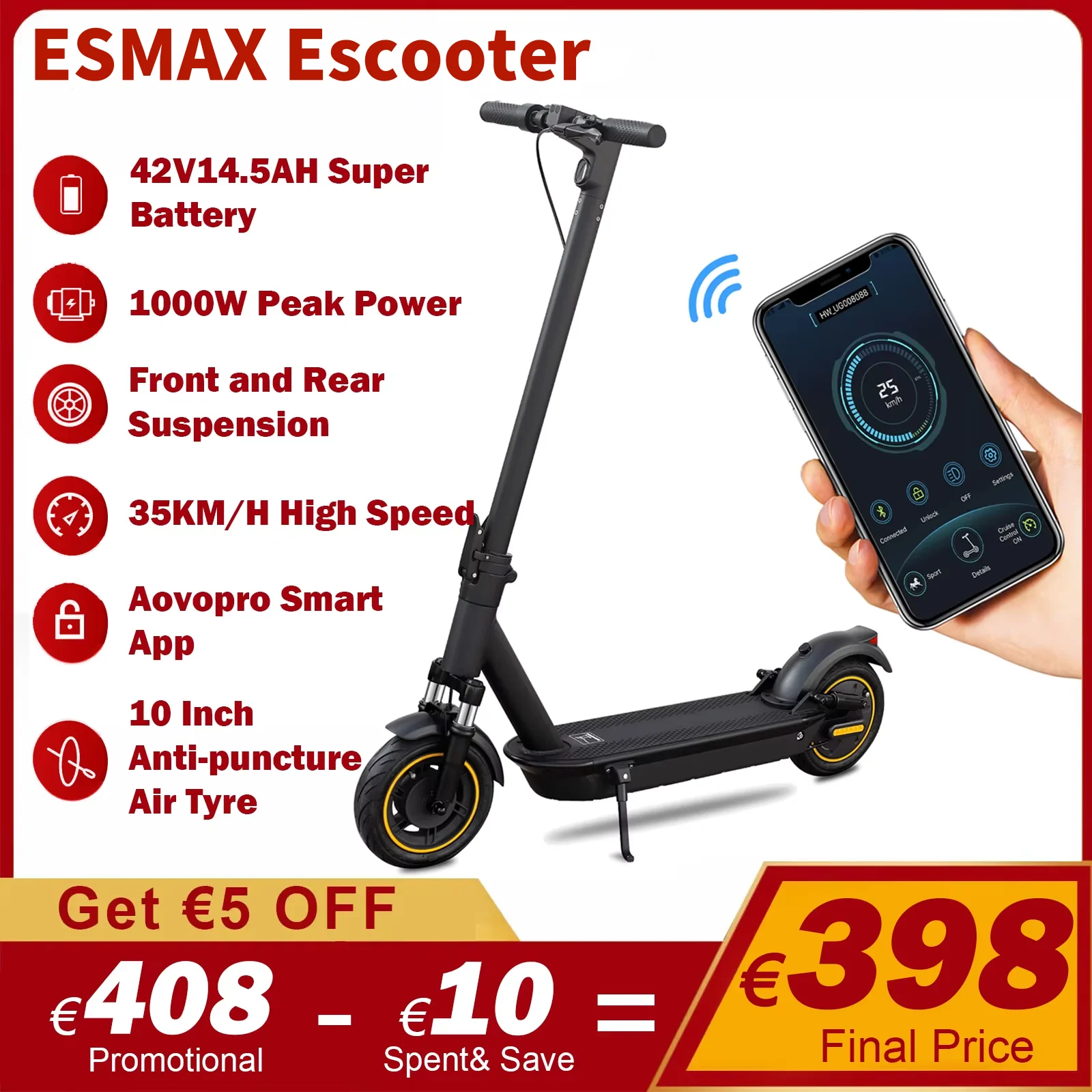 ATSANT ESMax 1000W Electric Scooter for Adults 42V14.5AH 35KM/H Smart APP Electric Kick Scooter 45KM Max Range 10 Inch Escooter