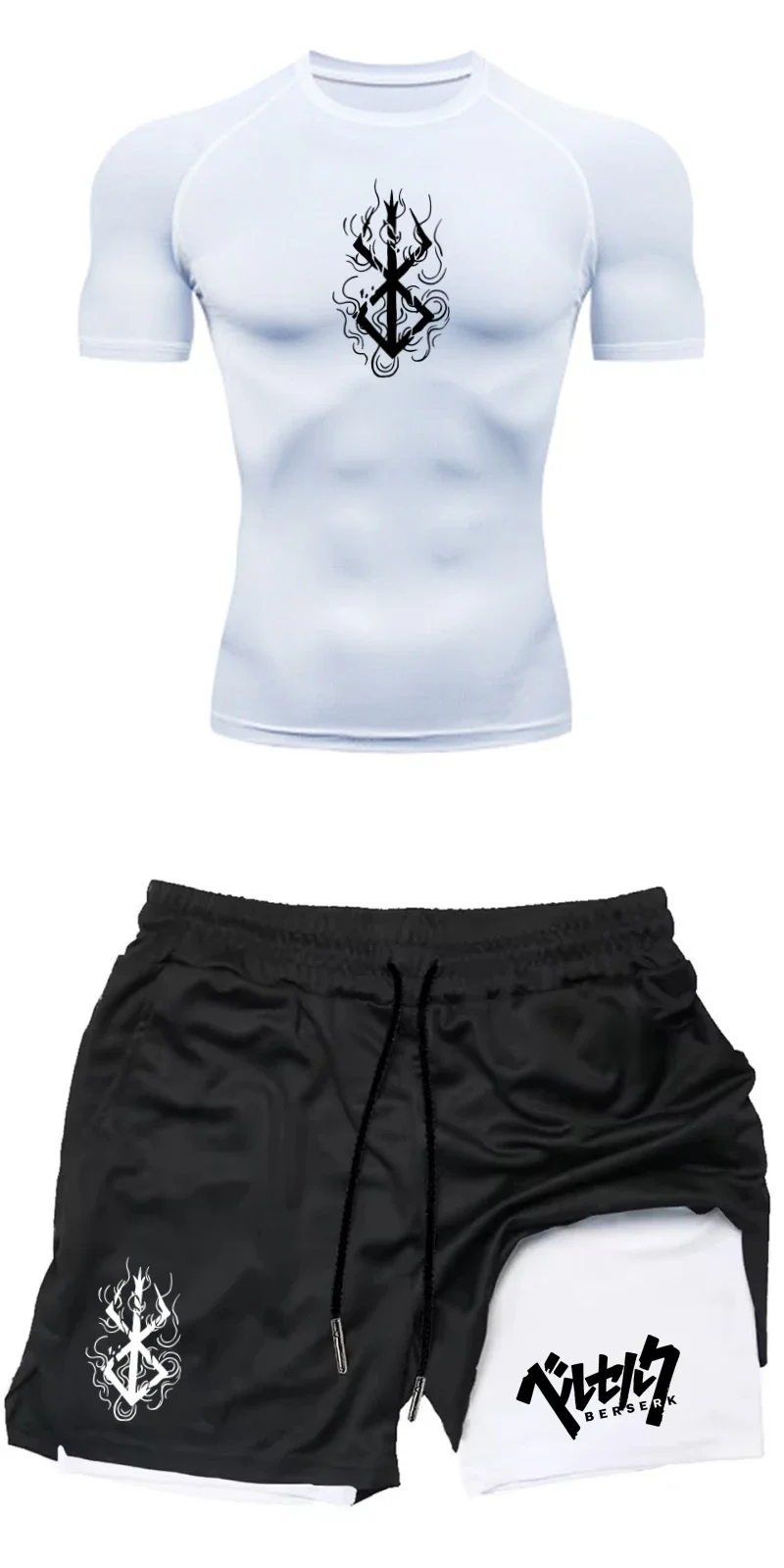 Men's Summer Gym Fitness Training Athletic Set - Short-Sleeve Compression T-shirt + MMA Protective Workout Compression Shorts