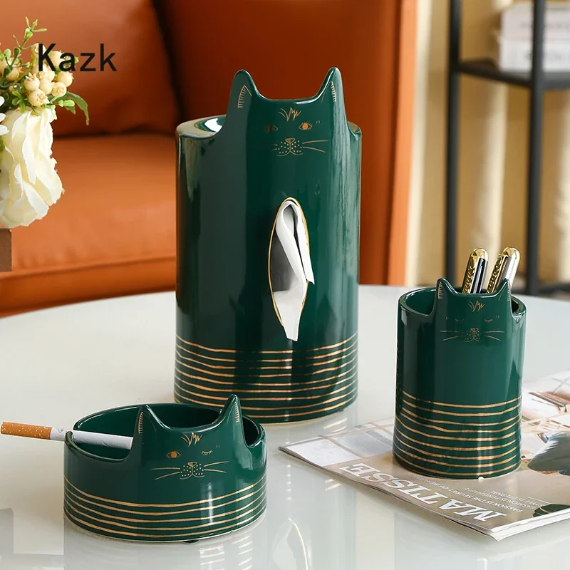 Creative Lucky Cat Tissue Box Modern Simple Home Coffee Table Decor Vertical Ceramic Paper Storage Boxs Ashtray Pen Holder Set