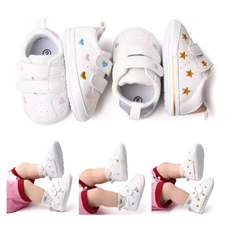 0-1Year Baby White PU Sneaker Rubber Non-slip for Toddler Boys and Girls Cute Embroidery Stars and Hearts