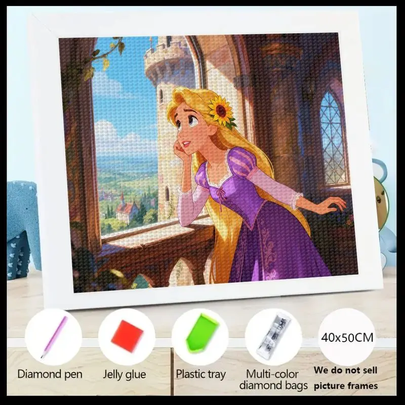 

1PC Enchanted Princess Rapunzel Diamond Painting Kit, 5D Full Drill DIY Fairy Tale Castle Window View Crystal Rhinestone Gem Art