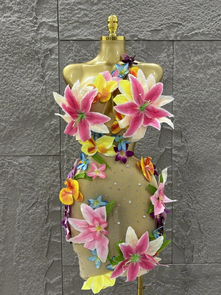 

Women Sexy One Shoulder 3D Florals Mesh See Through Bodycon Mini Dress Celebrate Nightclub Party Bar Singer Performance Costume