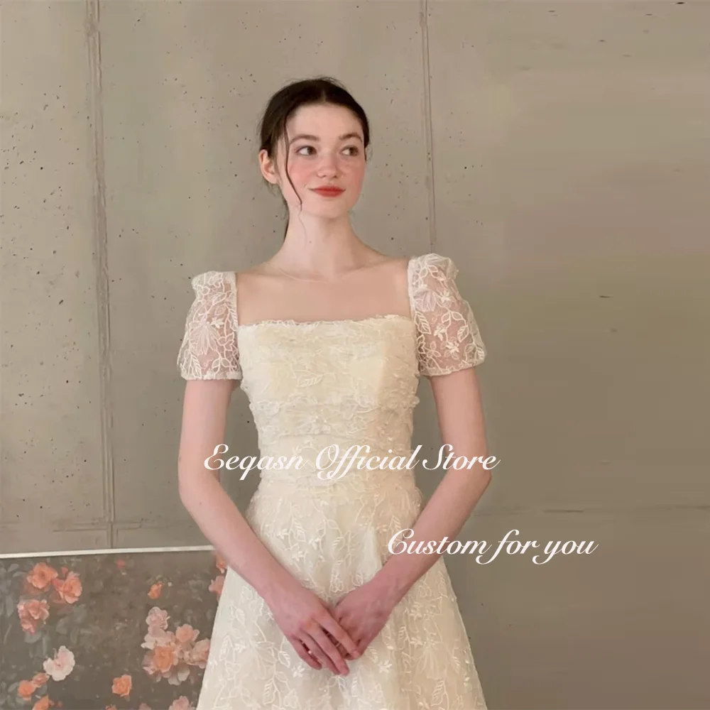 Beautiful Lace A Line Wedding Dresses Short Sleeves Full Lace Bridal Gowns Korea Photo shoot Robe de mariage Customized