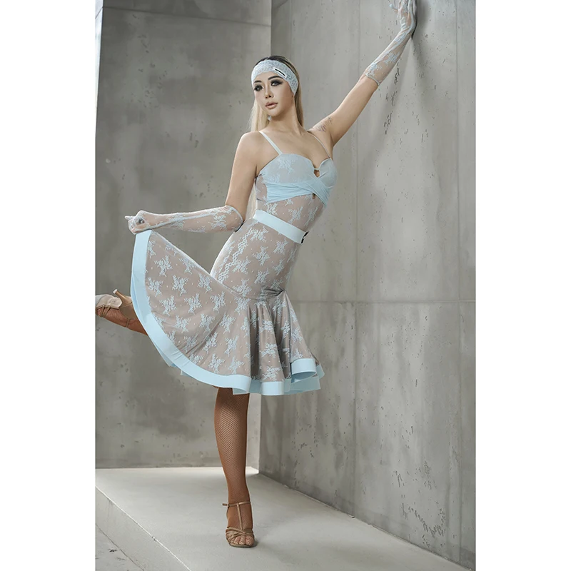High-End Summer Latin Dance Performance Costumes For Women Sexy Mesh Top Lace Fishbone Skirt Suit Adult Chacha Latin Dance Dress