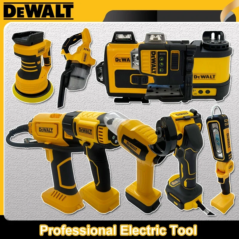 

Многофункциональные электроинструменты DeWalt: беспроводная бесщеточная угловая шлифмашина, резак, электрический гайковерт, полировальная машина, воздушный насос, термофен.