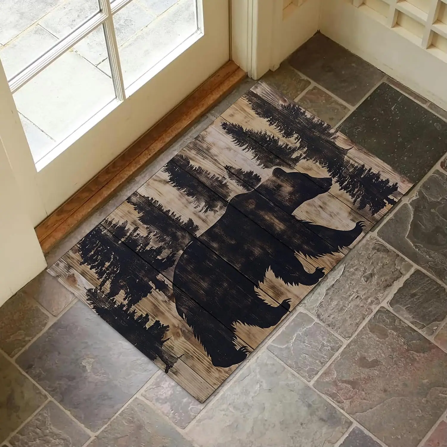 Rustic Bear Family Wilderness Cabin Style Wood Look Entryway Doormat Outdoor Welcome Mat Rug House Decor Gift