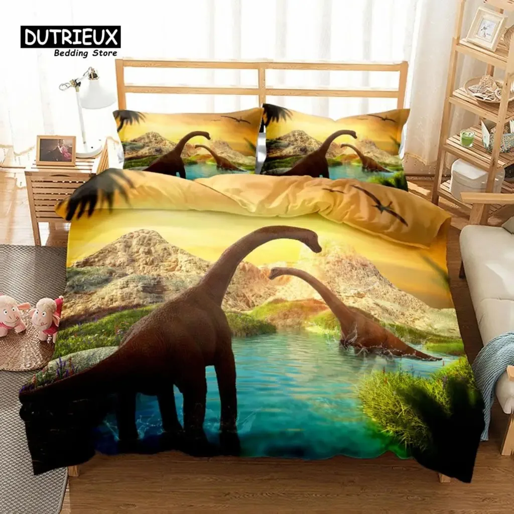 Jurassaic Dinosaurs Ancient Duvet Cover Set, Bedding Set, Soft Comfortable Breathable Duvet Cover, For Bedroom Guest Room Decor