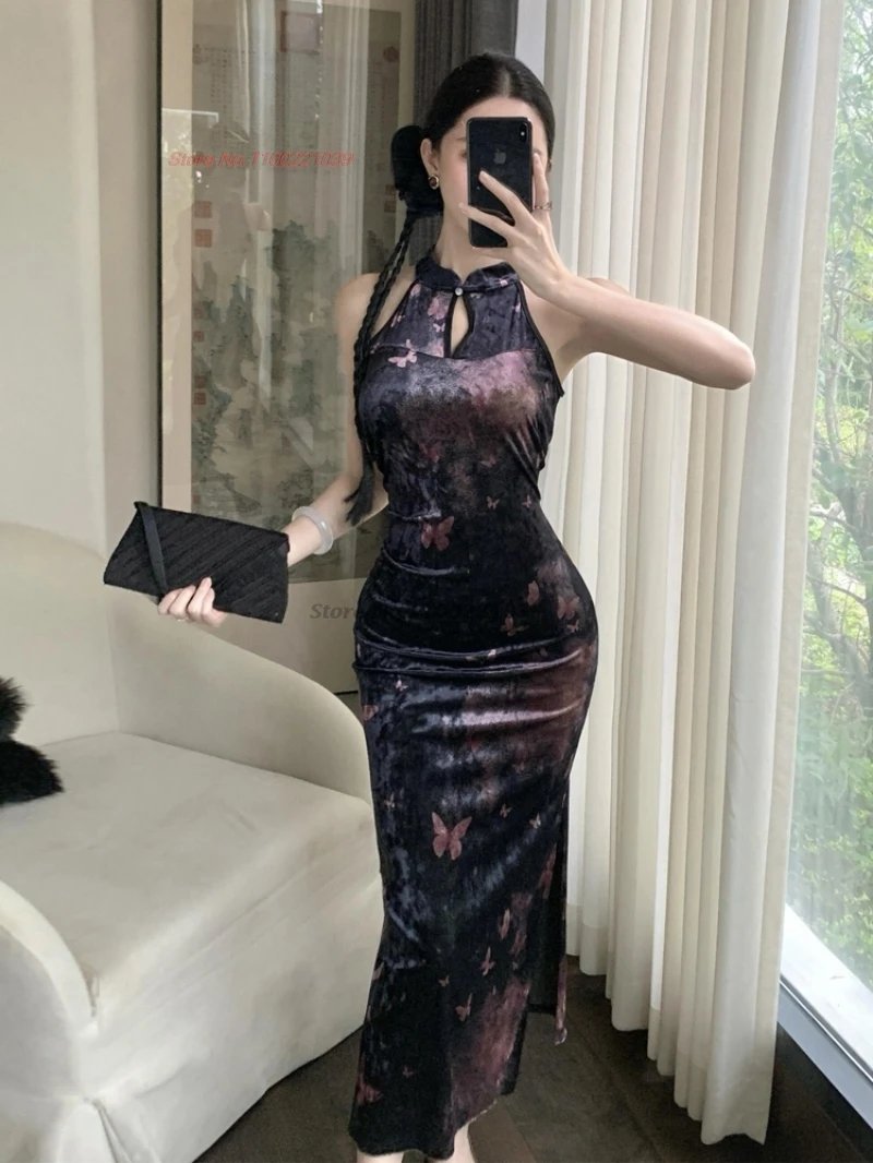 

2025 chinese dress improved sleeveless cheongsam velvet qipao evening nightclub dress retro flower print banquet party dress